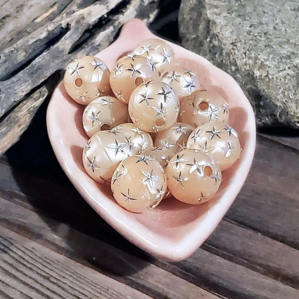 10 Vintage Retro Peach Silver Stars 12mm Round Acrylic Shabby Chic Beads